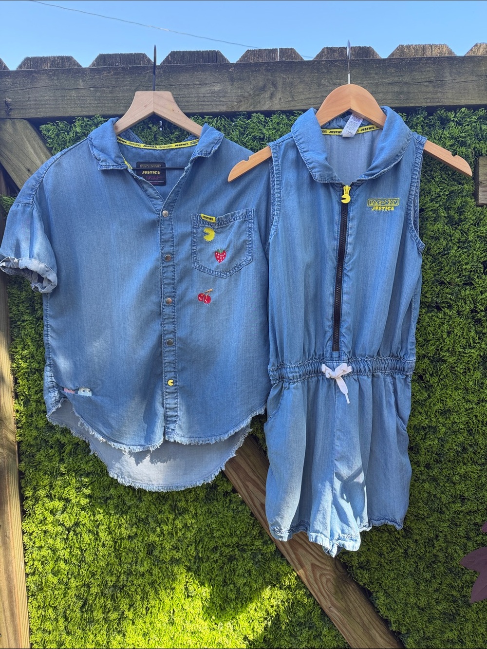 Bundle of 2 Justice x Pac-Man Light Blue Denim Button-Up Shirt & Zip Romper